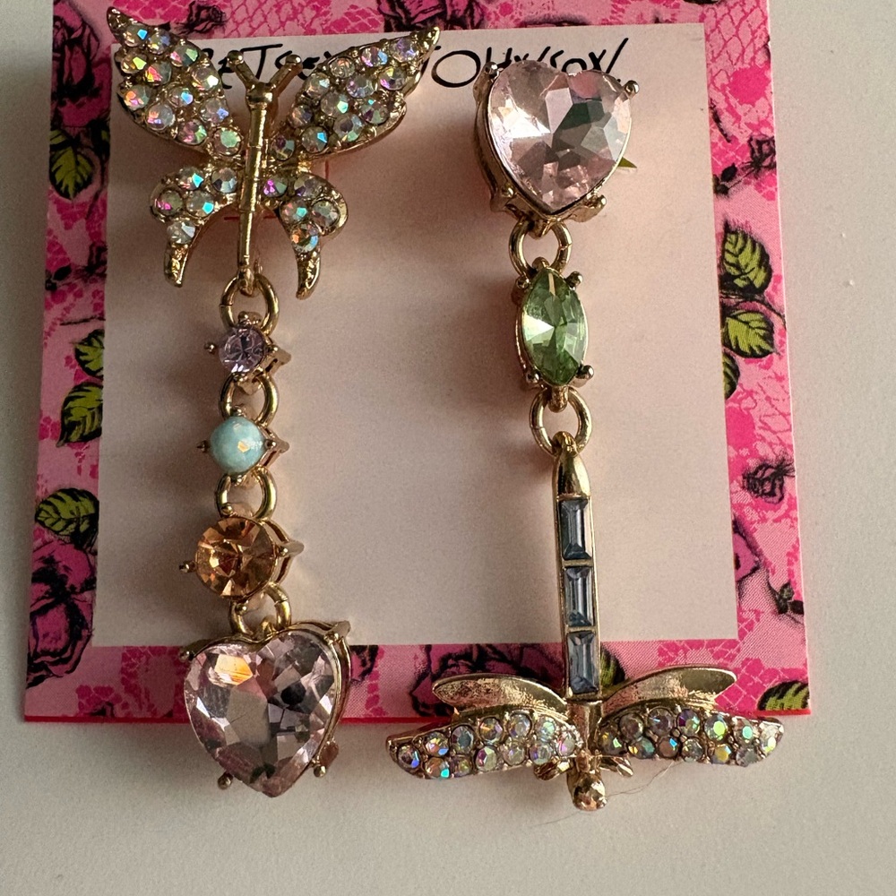 Betsey Johnson-Crystal Butterfly & Dragonfly Dangle Earrings - Pink, Green, Gold